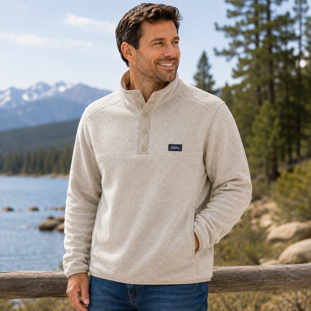 Eddie Bauer Men Large Cream Sherpa Fleece Pullover Sweater Outdoor Hiking Pocket